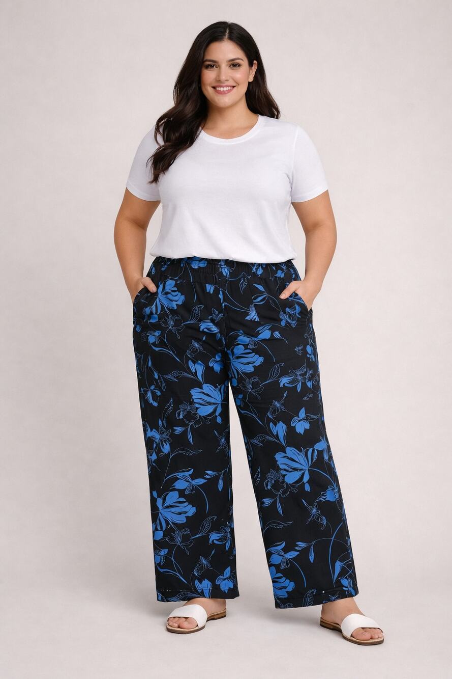 Torrid Blue Black Floral Wide Leg Pull On Palazzo Pants Size 3X
